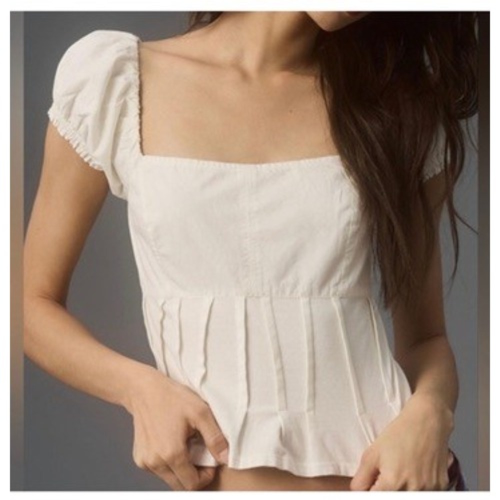Anthropologie White Puff Sleeve Pintuck Peplum Top Square Neck Cotton Blend L